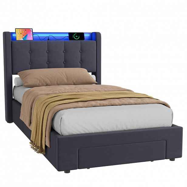 WISHDOR ČALOUNĚNÁ POSTEL 90/200 cm v šedém sametu, s úložným prostorem, USB, LED, zásuvkami a úložným prostorem, bez matrace