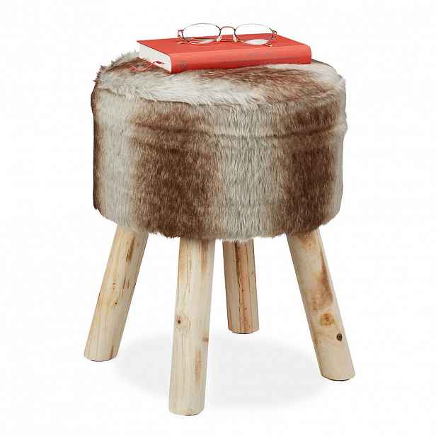 Relaxdays TABURET Hnědý Šedý umělá kožešina kulatý dřevěné nohy V 42 cm