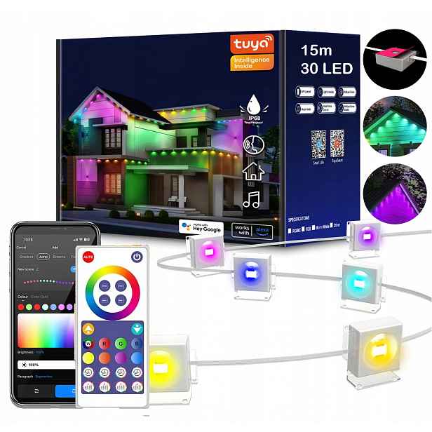 Sada Led světel Rgbic Ww+nw+cw 15 m 30LED vánoční dekorace na dům IP67