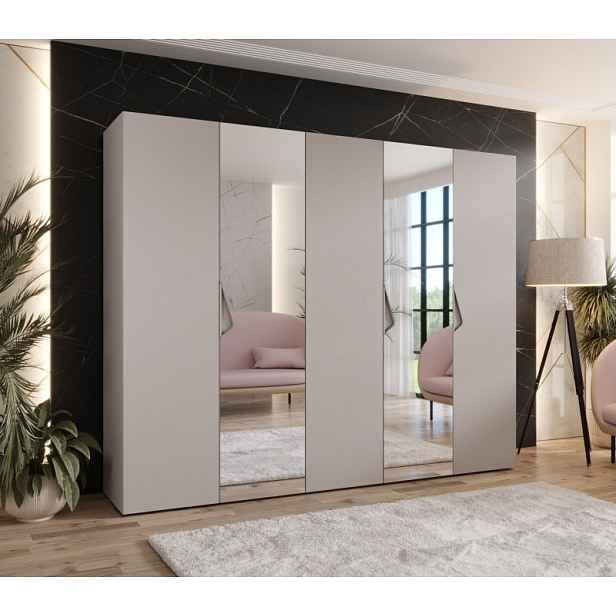 Široká šatní skříň 250 cm AMARIS 2 se zrcadlem - kašmír / kašmírové úchyty