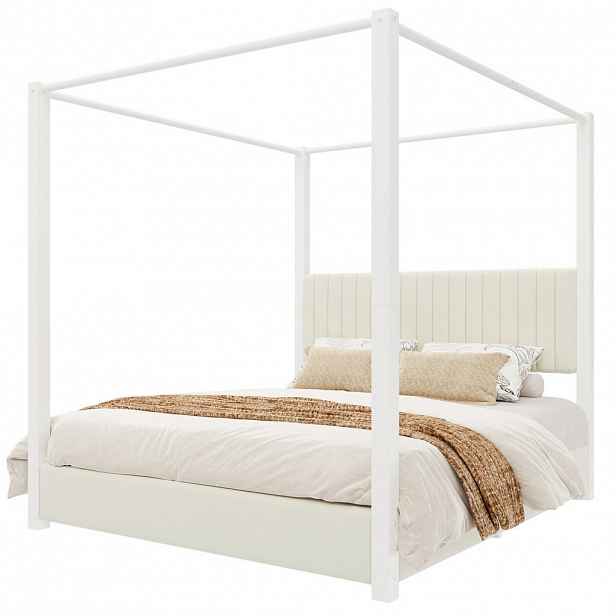CHICFURN ČALOUNĚNÁ POSTEL 180/200 cm v béžové a bílé sametové látce s nebesovou konstrukcí
