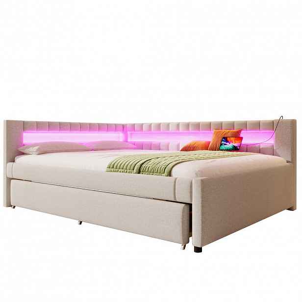 CHICFURN ROZKLÁDACÍ POHOVKA 140/200 cm & 90/190 cm v béžové barvě s LED, USB a Type-C