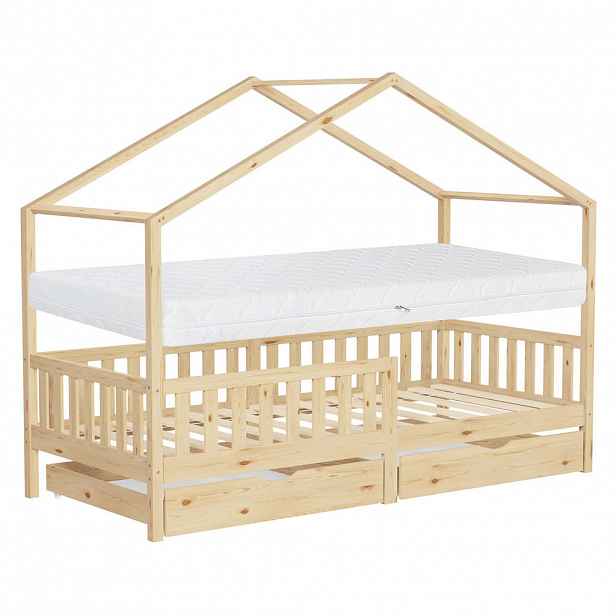 ML-DESIGN DĚTSKÁ POSTEL ve tvaru domečku s matrací 90x200 cm a 2 zásuvkami z přírodního borového dřeva