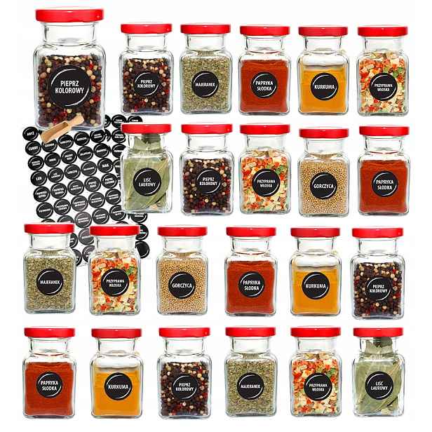 Sklenice na koření 150 ml x 23 ks s červeným uzávěrem a 90 etiketami
