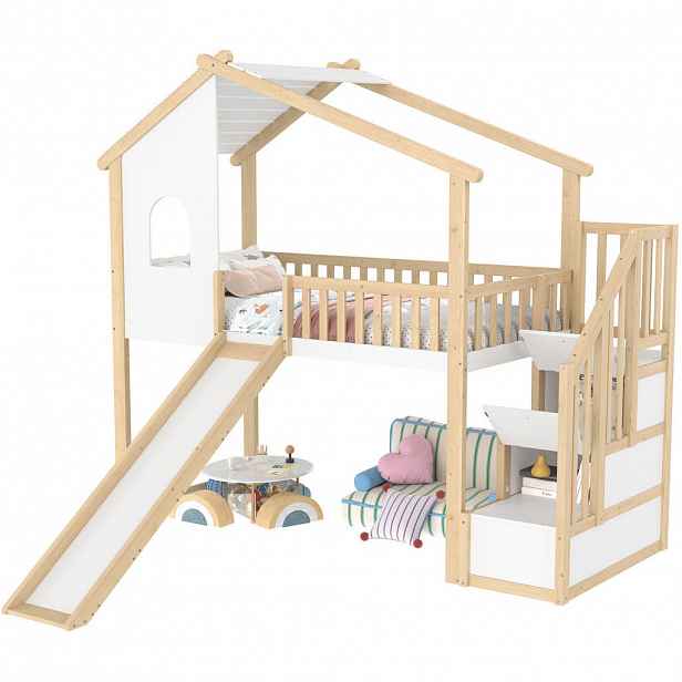 STILVORA PATROVÁ POSTEL 90/200 cm, přírodní & bílá, s úložným žebříkem a skluzavkou, domečkový design