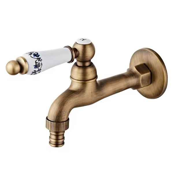 Eco produkty Mosazný nástěnný zahradní ventil 1/2" s ozdobnou keramickou retro páčkou a keramickým uzavíráním; délka 120 mm - stará mosaz