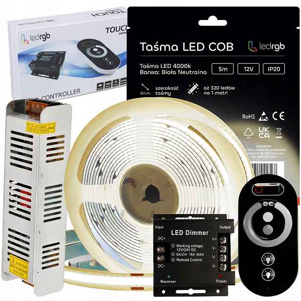 Sada Led pásků Cob 12V 5m 4000K Bílá Neutrální Napájecí Zdroj Dálkový Ovladač Rádiový