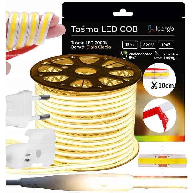 Set Led Pásek Cob 15 m 230 V Bílý Teplý 3000 K Řezaný Každých 10 CM IP67 Lepidlo