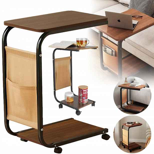 Boční Stolek S Kolečky A Kapsou 63 CM, Tvar C, Mobilní Pod Pohovku/postel
