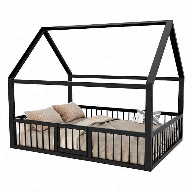 CHICFURN DOMEČKOVÁ POSTEL 140/200 cm v černé barvě s bezpečnostním zábradlím