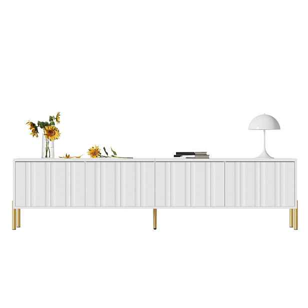EVRYAE TV STOLEK s drážkovaným designem dvířek a zlatými nohami stolu Bílá 190/38/48 cm