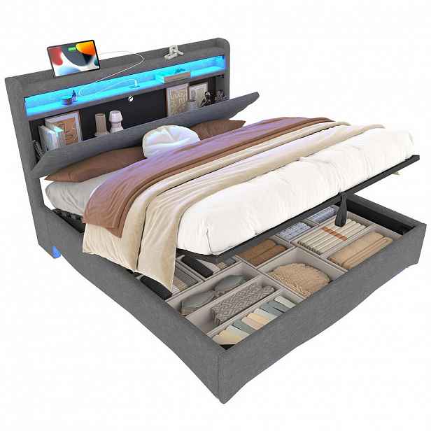 Modfu ČALOUNĚNÁ postel z lněné tkaniny 140x200 cm béžová s LED osvětlením, USB-C, hydraulickým úložným prostorem a policí