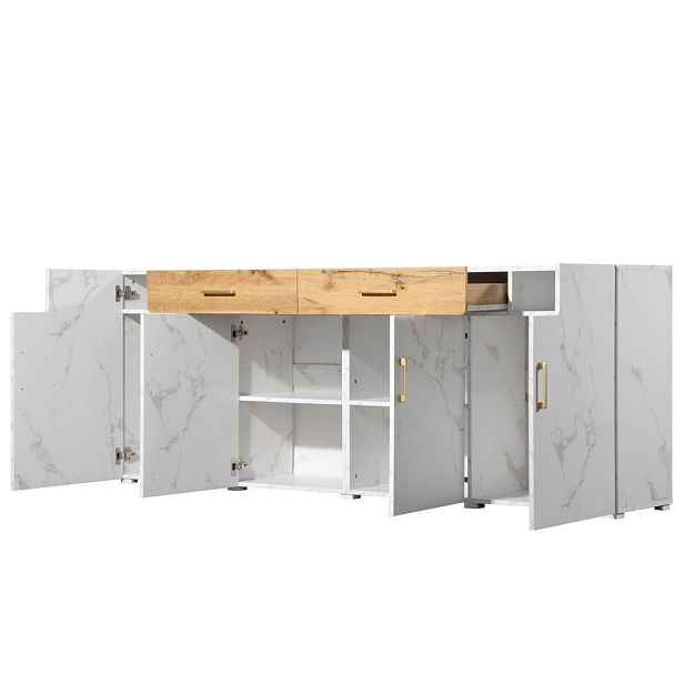 EVRYAE SIDEBOARD Komoda vzhled dubu MDF se 2 zásuvkami 4 přihrádkami 8 dřevěnými nohami úložný prostor dřevo kov