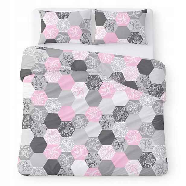 Povlečení bavlněné 200x220 šedo-růžové s hexagony Cotton Home
