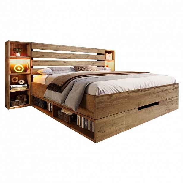 CHICFURN POSTEL 160/200 cm v dekoru dubu s LED osvětlením, USB, Type-C a zásuvkami