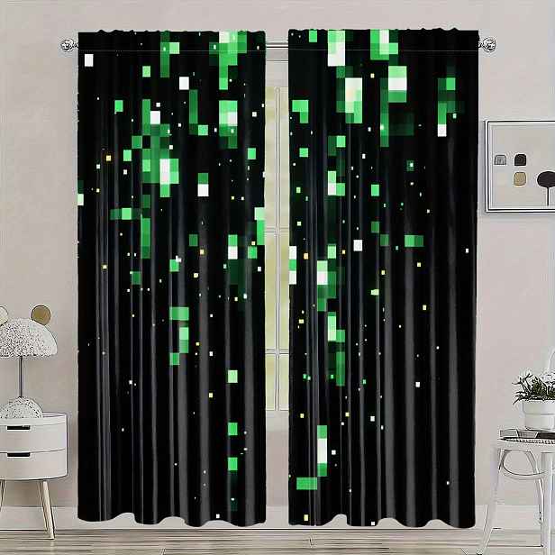 TEMU Sada 2 ks Pixel Art Abstraktní Tisk Závěsů - Zatemňovací Závěsy s Tunelovým Kapskem, Polyester, Ideální pro Obývací Pokoj, Kuchyň, Ložnici a