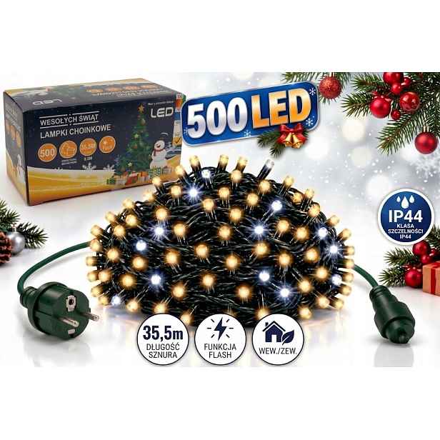Vánoční Osvětlení Na Stromeček 500 Led 35 M, Venkovní Silný Kabel, Teplá Bílá Studená Látka