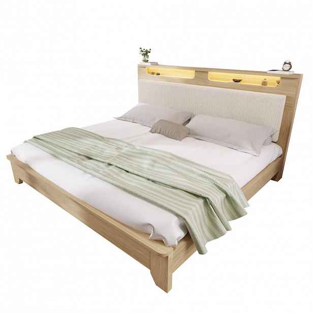 CHICFURN POSTEL 180/200 cm v dubové a béžové barvě s LED osvětlením a policí