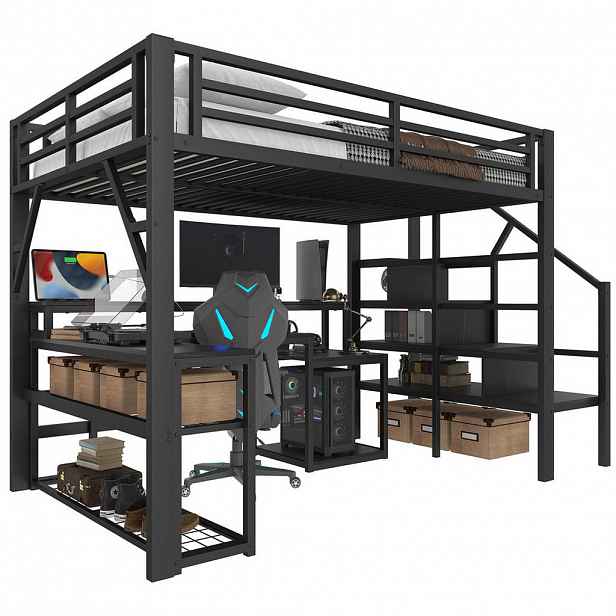 Modfu PATROVÁ postel z kovu a MDF 140x200 cm černá s LED osvětlením, USB portem, psacím stolem a úložným prostorem