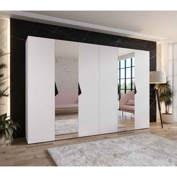 Elegantní zrcadlová skříň 300 cm AMARIS 2 - bílá / černé úchyty
