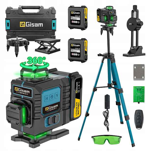 4D zelená laserová vodováha 16 linií 360° křížový laser s stativem 2 baterie