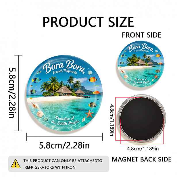 TEMU 1ks 2D Plochý Bora Bora Francouzská Polynésie Odolný Kulatý Magnet na Lednici, Vhodný pro Připevnění na Ledničky, Bílé Tabule, Řemesla,