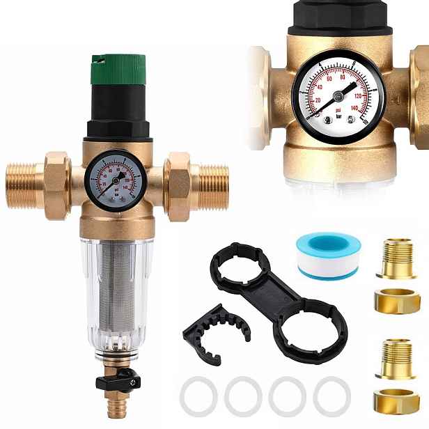Proplachovací filtr 3/4" (DN20) s manometrem, reduktorem tlaku a vodním filtrem