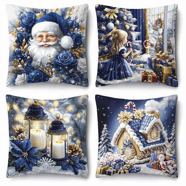 TEMU 4ks Sváteční Vánoční Potahy na Polštáře, 2D Tisk na Polyester, Se Zipem, Pratelné v Pračce - Santa Claus, Dívka v Modré Šaty, Lucerny, Design