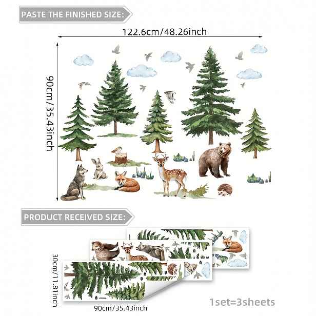 TEMU Sada 3 archů (30*90 cm * 3 ks) Borovice Labuť Medvěd Jelen Králík Zvířecí Samolepicí Nástěnná Samolepka Ložnice Obývací pokoj Pozadí Nástěnná