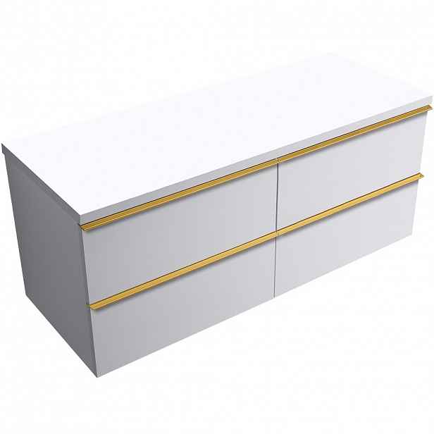 Koupelnová skříňka Velora - bílá matná, úchytka zlatá + deska pod umyvadlo Navira Pro - 36 mm - 140x56,6x46,5 cm