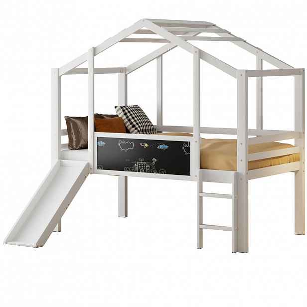 Modfu DĚTSKÁ vyvýšená postel z masivního dřeva 90x200 cm bílá se skluzavkou, žebříkem a tabulí v domečkovém designu