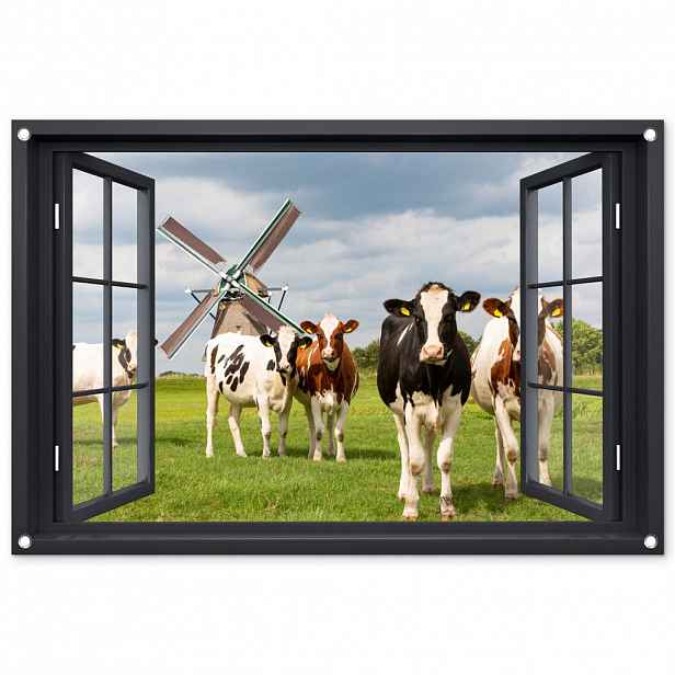 OnlyWow ZAHRADNÍ PLAKÁT Pohled - Kráva - Mlýn - Krávy - Louka - Tráva - Zelená 90x60 cm