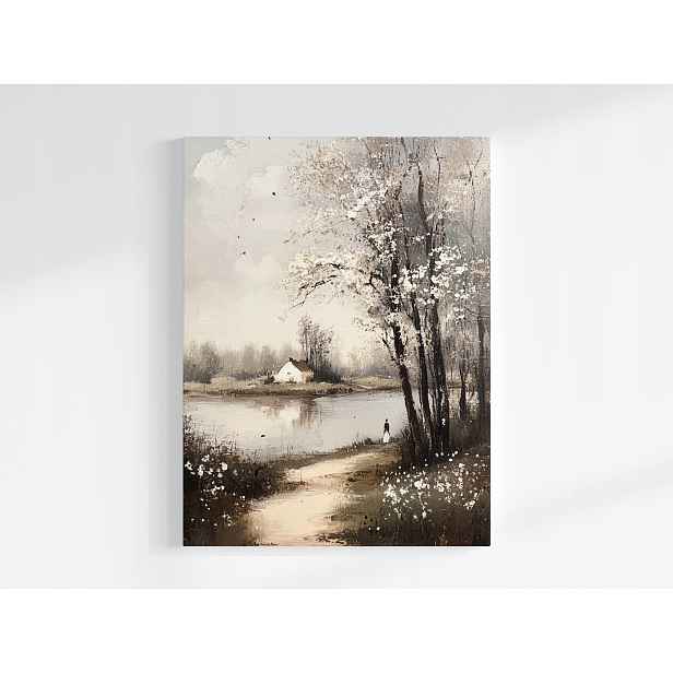 Plakát Krajina Řeka Dům Stromy Obec Vintage Retro 75x100