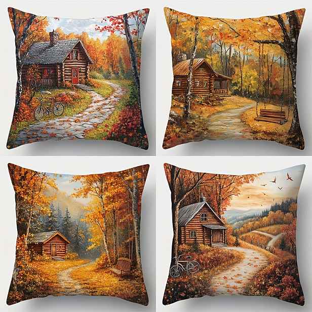 TEMU 4 kusy Podzimní a Scenic Print Polštářové obaly, Moderní styl, 100% Polyester, Strojově práškové, Uzavírání na zip, Tkané dekorativní polštářové