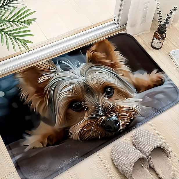 TEMU Roztomilá plyšová podložka s štěněte Yorkshire Terrier, zábavný pratelný koberec s protiskluzovou základnou, pro vnitřní i venkovní použití,