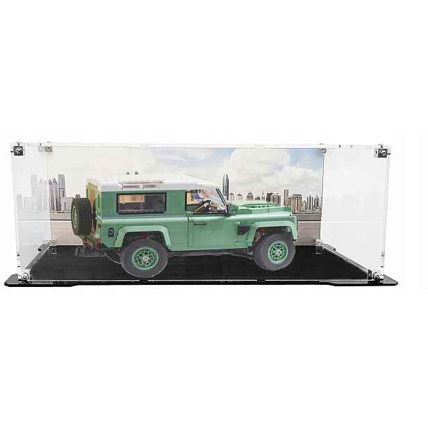 Vitrína s černou základnou a pozadím pro sadu Lego 10317 Land Rover Defender