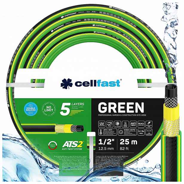 Zahradní Hadice 1/2" 25 m Silná Cellfast 5-VRSTEV Flexibilní Odolná Green ATS2