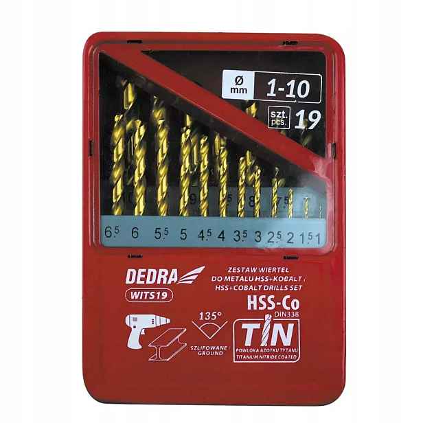Vrtáky do kovu HSS+kobalt+TiN, 135° Sada 19ks Dedra