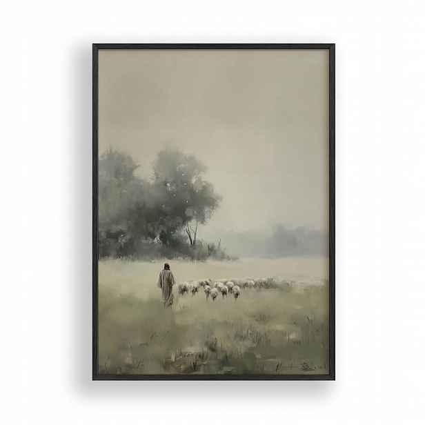 Obraz Ježíš s ovcemi Plakát Rámeček Dřevěný Černý 30x42 cm