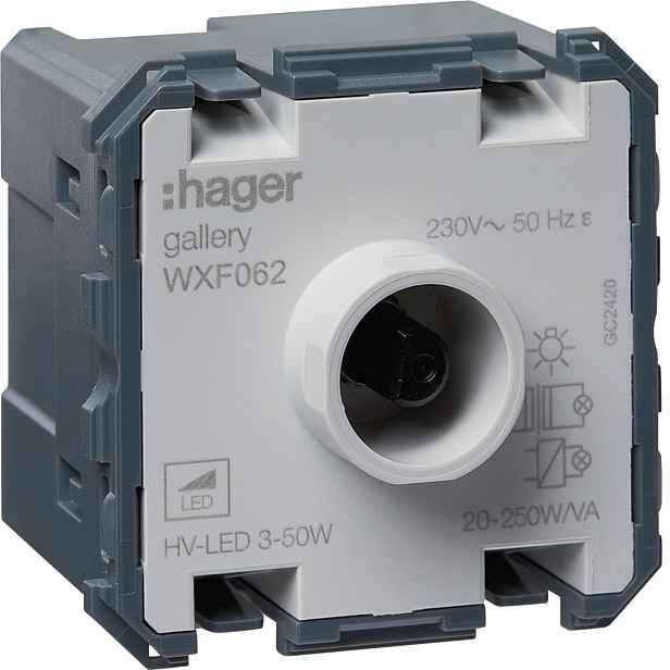 Přístroj stmívač otočný Hager 45×45 mm 20–250 W