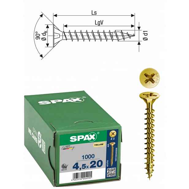 Univerzální šroub do dřeva (zlatý) Spax 4,5 x 20 mm Yello-x 1000 ks