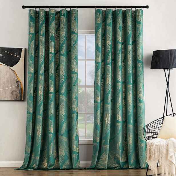 Zatemňovací záclony sametové 140 x 225 cm Miulee zelené se zlatými listy