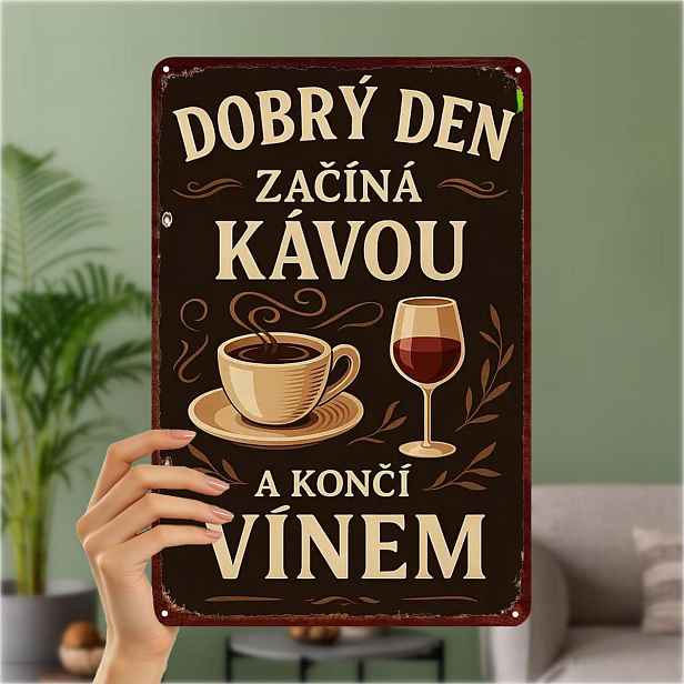 TEMU 2D plochý, 2D plochý 1 ks, „Dobrý den začíná kávou a končí vínem“ - Retro kovová umělecká cedule pro dekoraci kuchyně baru 8×12 palců, 2D plochý