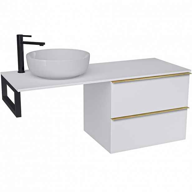 Koupelnová skříňka Velora - bílá matná, úchytka zlatá + deska z lit. mramoru Elanys - 12 mm + konzole černá - 140x54,2x46,5 cm