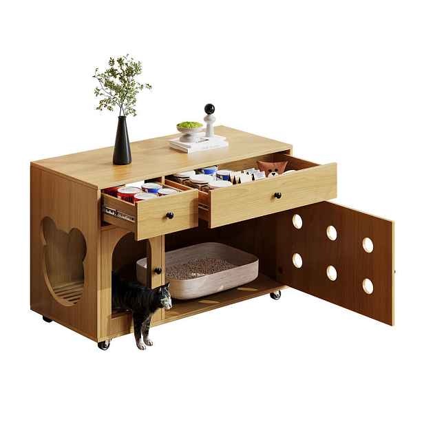 EVRYAE SIDEBOARD Skříňka na kočičí toaletu s úložným prostorem a deskou na zachytávání steliva, ventilace MDF kolečka skandinávská