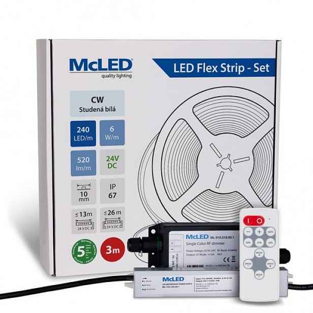 McLED LED pásek - sada 3 m + Přijímač Nano IP67, 240 LED/m, CW, 6 W/m, DC 24V, 520 lm/m, CRI90, IP67, 10 mm, vodič 3 m ML-126.032.90.S03002