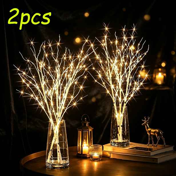TEMU 2-balení Svítící bezdrátové světla z břízy - Elegantní svítící lampa z větví pro Vánoce a Nový rok, elegantní vnitřní dekorace na stůl a roh