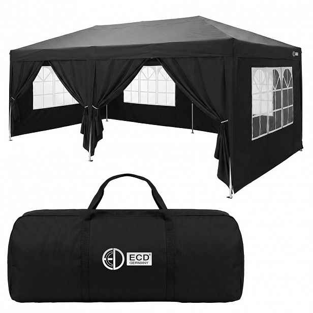 ECD-Germany POP UP PAVILON 3x6 m černý skládací pavilon, vodotěsný, stabilní, se 6 bočními stěnami