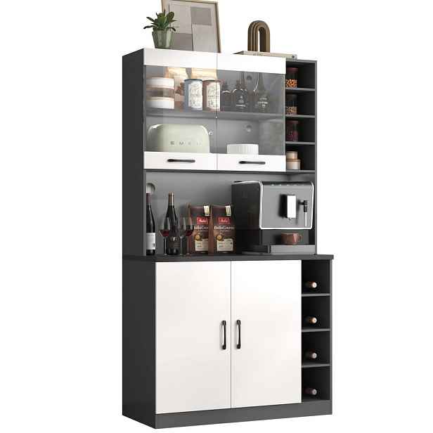 EVRYAE BUFFET Kuchyňská skříňka LED skleněná nástavba s bezpečnostním sklem a dvojitými dvířky s úložným prostorem 43 cm