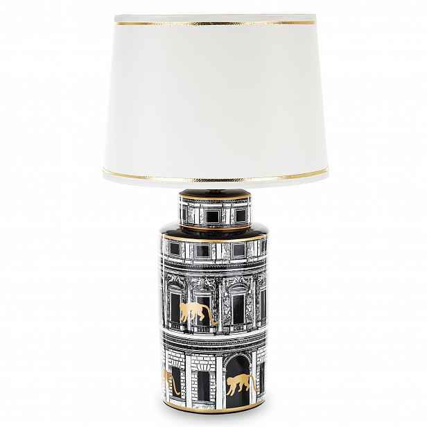 Velká stolní lampa s stínítkem, černá, zlatá, keramická dekorace